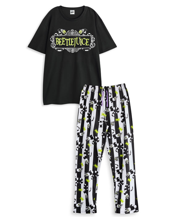 Beetlejuice Logo Mens Black Short Sleeve Long Leg Pyjama Set