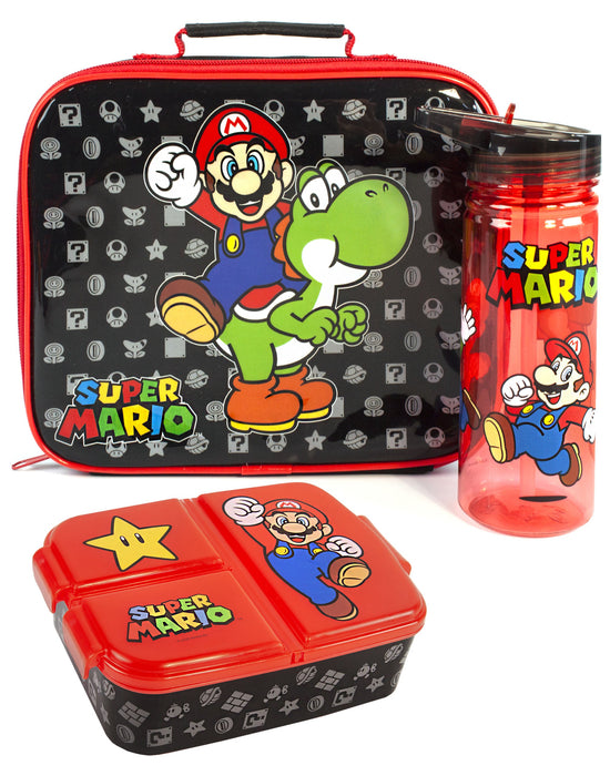 Nintendo Mario Yoshi Print Unisex Kids Black Lunch Bag Bottle and Snac Vanilla Underground