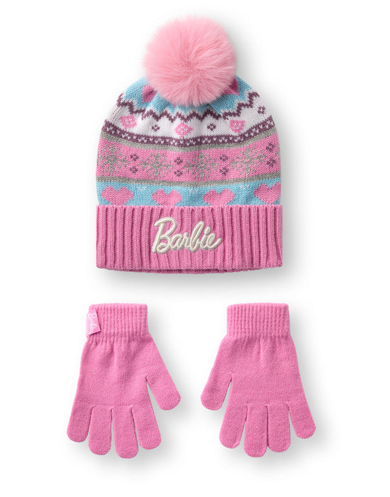 Barbie Fair Isle Boys Pink Beanie and Gloves Set