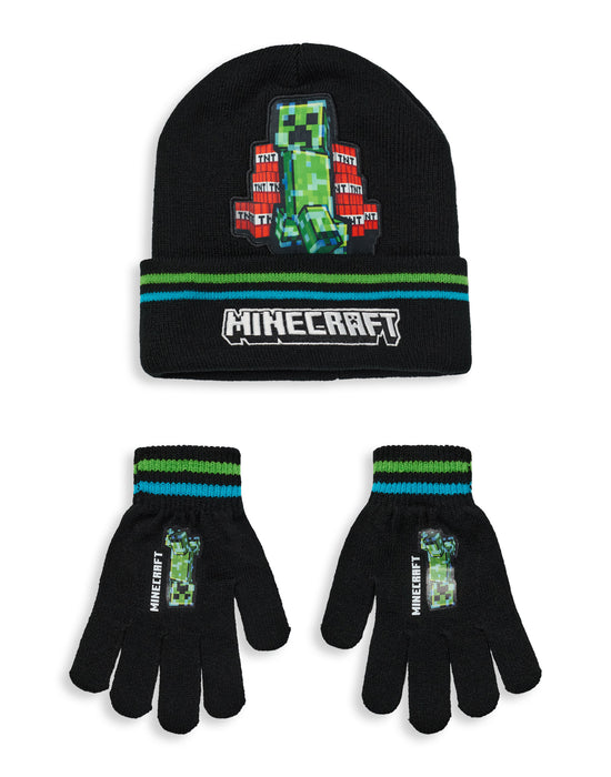 Minecraft Creeper & TNT Boys Black Beanie and Gloves Set