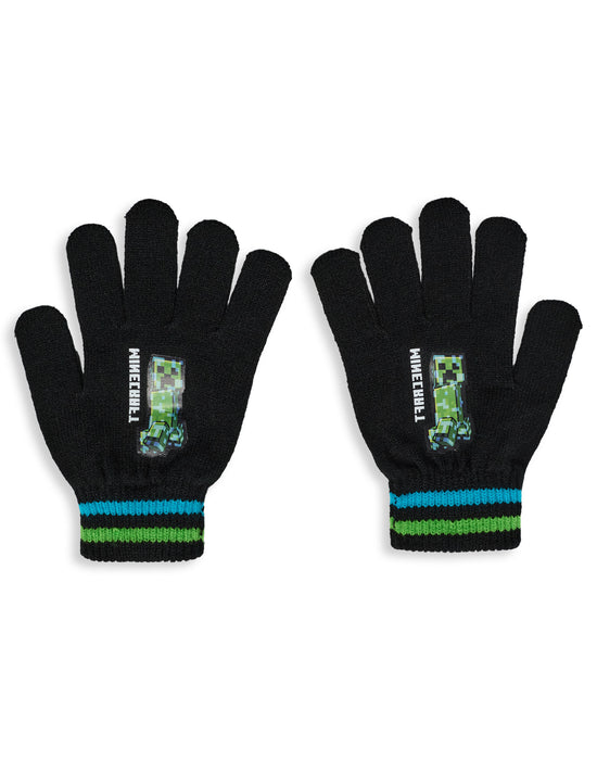 Minecraft Creeper & TNT Boys Black Beanie and Gloves Set