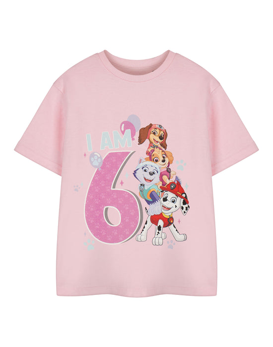 Paw Patrol Birthday Age Six Girls Pink Short Sleeved T-Shirt