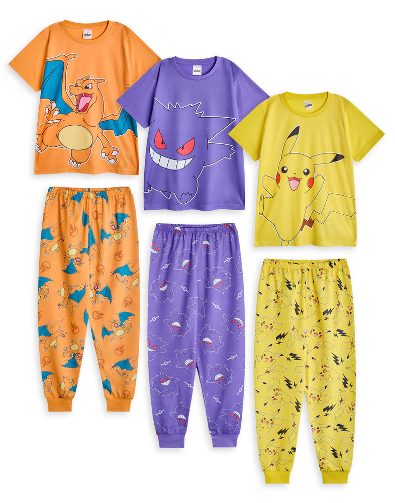 Pokemon Pikachu, Gengar, Charizard Boys Multicoloured Multi-Pack of 3 Short Sleeve Long Leg Pyjama Set