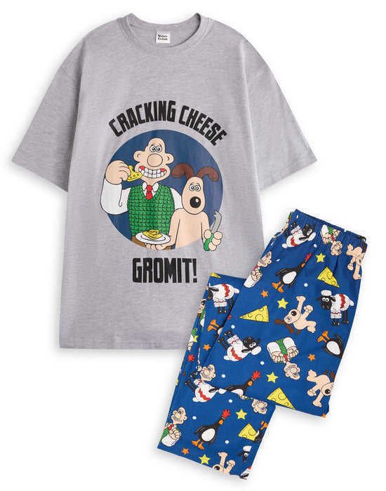 Wallace And Gromit Character Mens Grey Short Sleeve Long Leg Pyjama Set