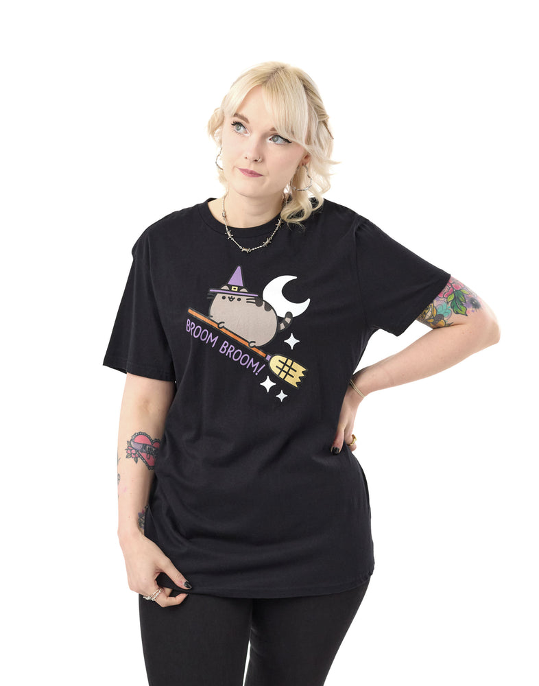 Pusheen Halloween Broom Broom Womens Black Short Sleeved T-Shirt