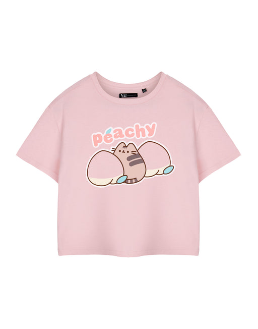Pusheen Peachy Womens Pink Cropped Short Sleeved T-Shirt