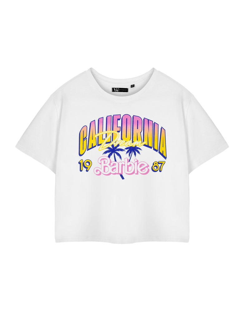 Barbie California Dream Womens White Cropped Short Sleeved T-Shirt