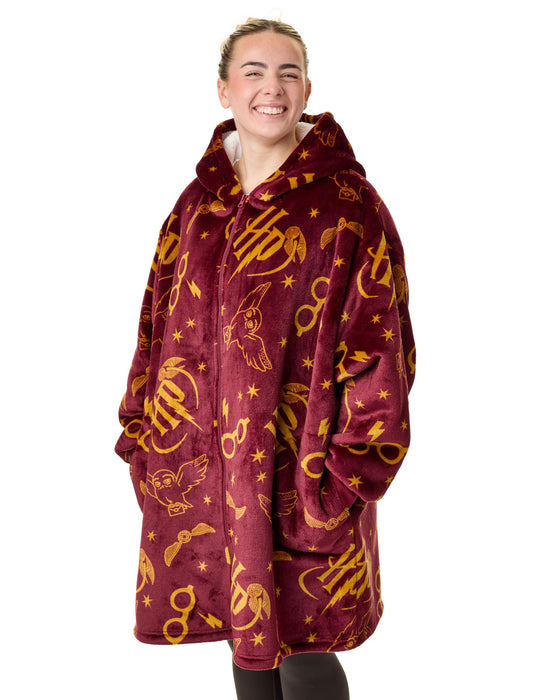 Harry Potter Icon All Over Womens Red Zip Through Blanket Hoodie