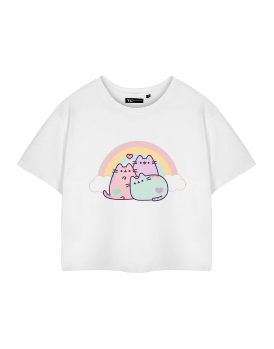 Pusheen Rainbow Womens White Cropped Short Sleeved T-Shirt