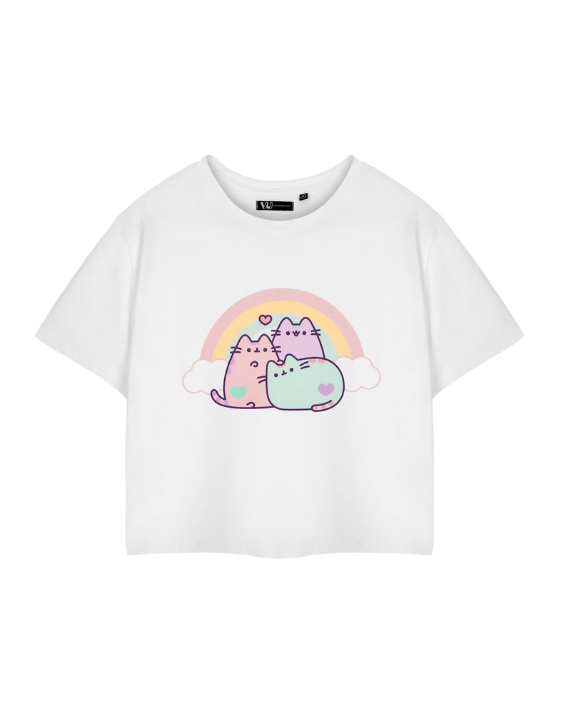 Pusheen Rainbow Womens White Cropped Short Sleeved T-Shirt