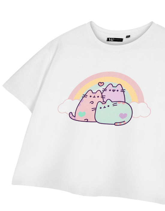 Pusheen Rainbow Womens White Cropped Short Sleeved T-Shirt