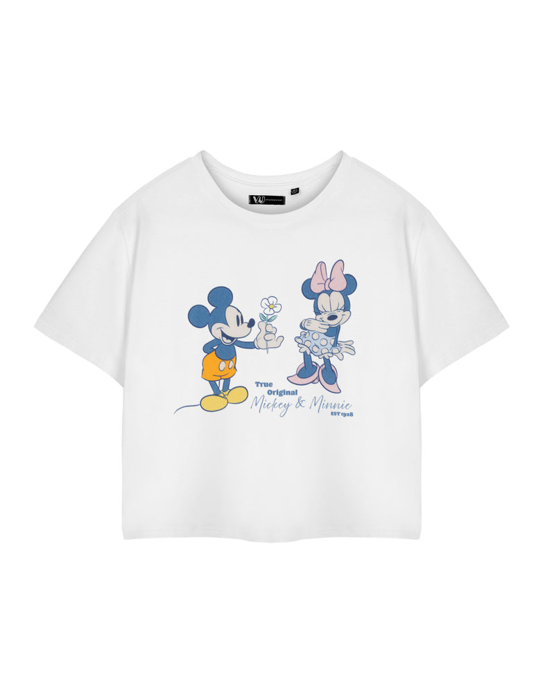 Disney True Original Mickey & Minnie Womens White Cropped Short Sleeved T-Shirt