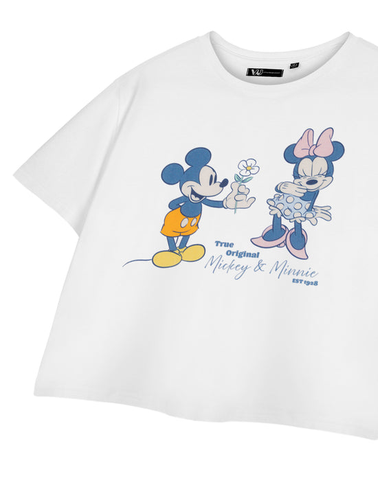 Disney True Original Mickey & Minnie Womens White Cropped Short Sleeved T-Shirt