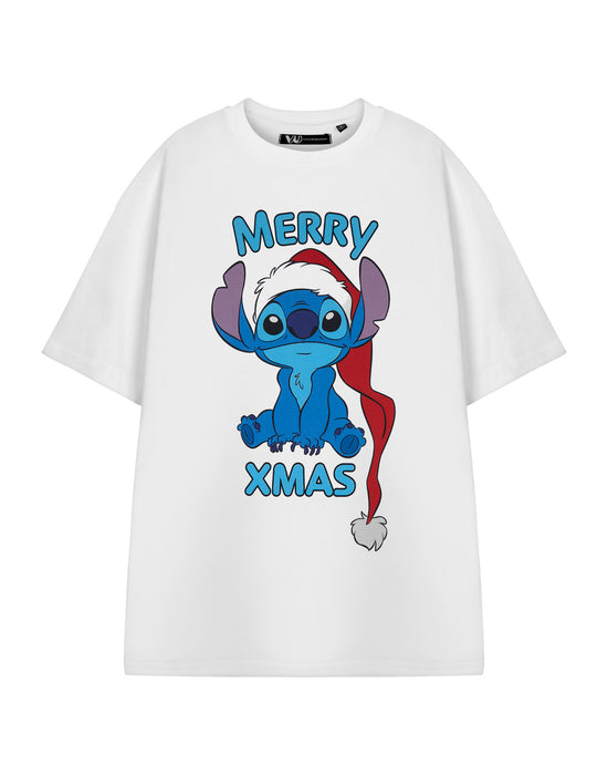 Disney Lilo & Stitch Merry Xmas Womens White Short Sleeved T-Shirt