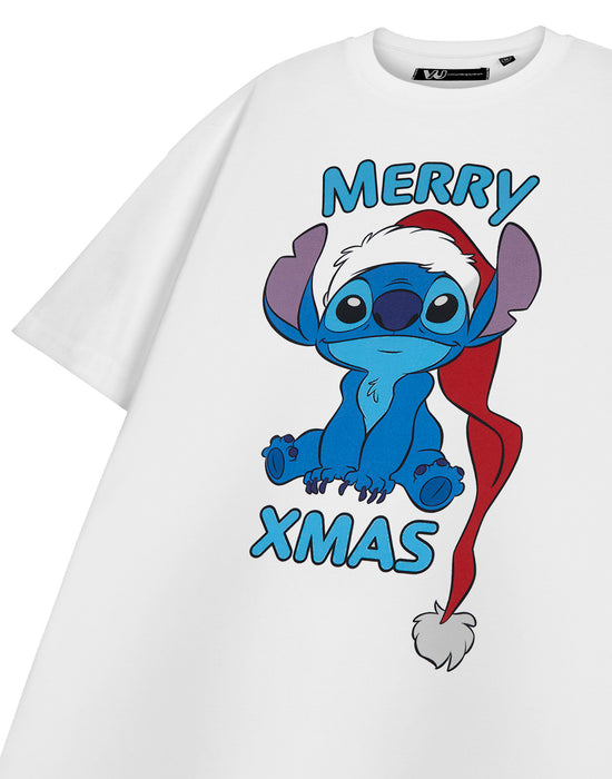 Disney Lilo & Stitch Merry Xmas Womens White Short Sleeved T-Shirt