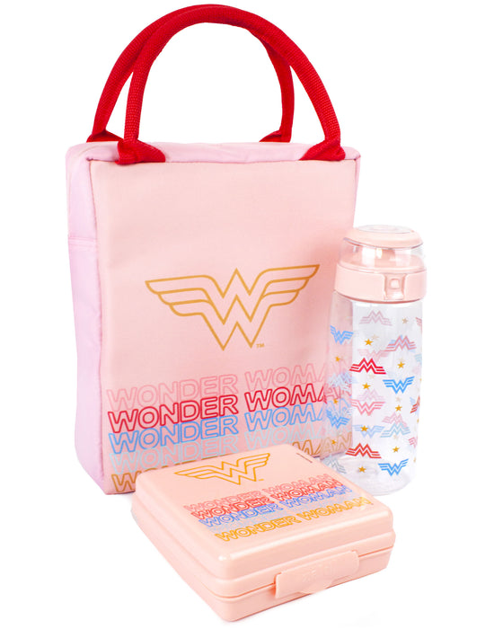 DC Comics Logo & Icon Print Womens Pink Lunch Bag Bottle and Snack Pot