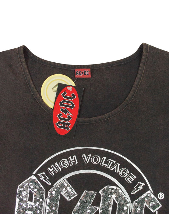 AC/DC High Voltage Sequin Acid — Women\'s Vanilla T-Shirt Wash Tie Front Underground
